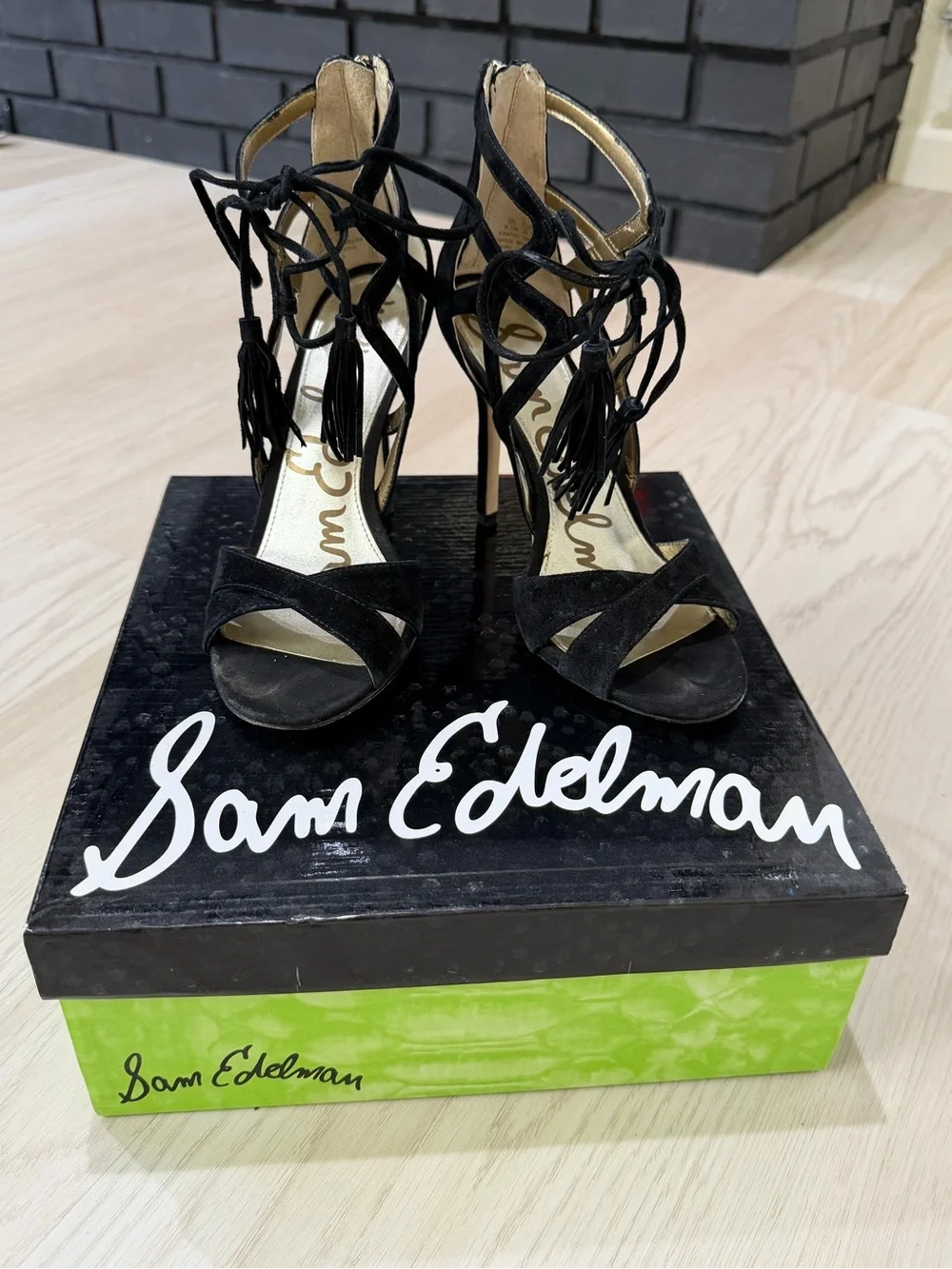 Sam Edelman Black Suede Lace-Up Heeled Sandals